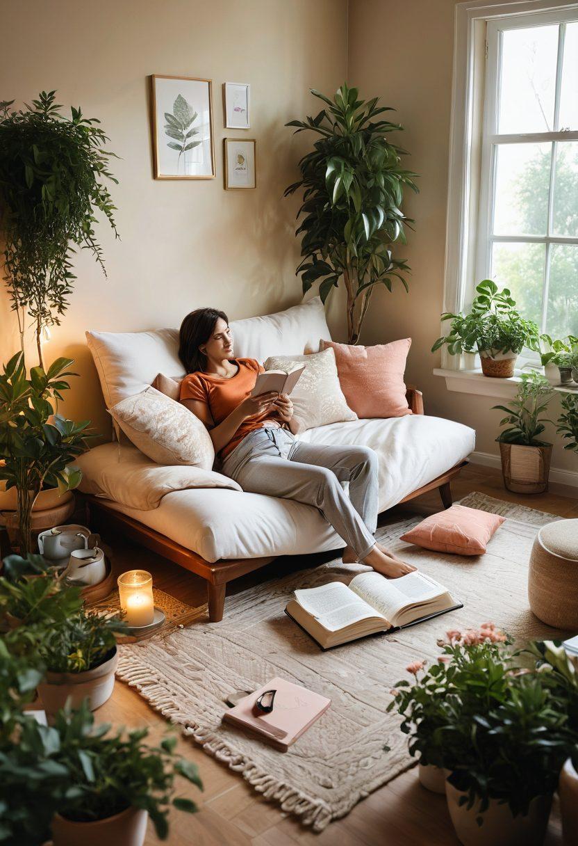 A serene scene depicting an inviting home environment with soft cushions, plants, and gentle lighting. A person happily engages in self-care activities such as journaling, meditating, and enjoying herbal tea. Surround the setting with symbols of emotional health, like a heart and brain intertwining, peacefully blending together. The atmosphere should radiate warmth and tranquility. digital painting. vibrant colors. warm tones.