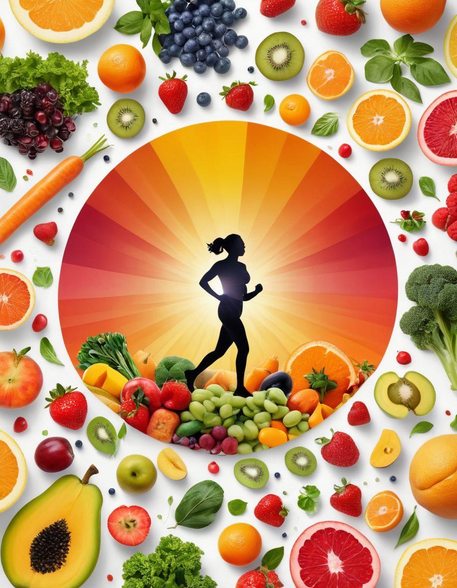 A dynamic scene showcasing a diverse group of energetic individuals engaging in various fitness activities like running, yoga, and weightlifting, surrounded by vibrant, healthy foods like fruits, vegetables, and protein sources. The background features a sunrise symbolizing new beginnings and personal growth. Bright colors emphasize vitality and energy, with infographic elements highlighting nutritional stats. super-realistic. vibrant colors. white background.