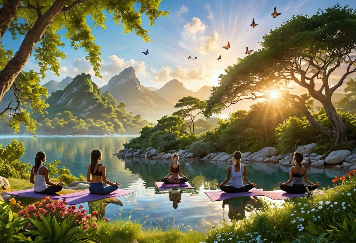 A serene landscape depicting a harmonious balance between nature and personal wellness; visualize a diverse group of people practicing yoga on a tranquil hilltop, surrounded by lush greenery and calm waters, with soft sunlight filtering through the trees. Include elements symbolizing personal growth, like blooming flowers and ascending butterflies. vibrant colors. super-realistic.